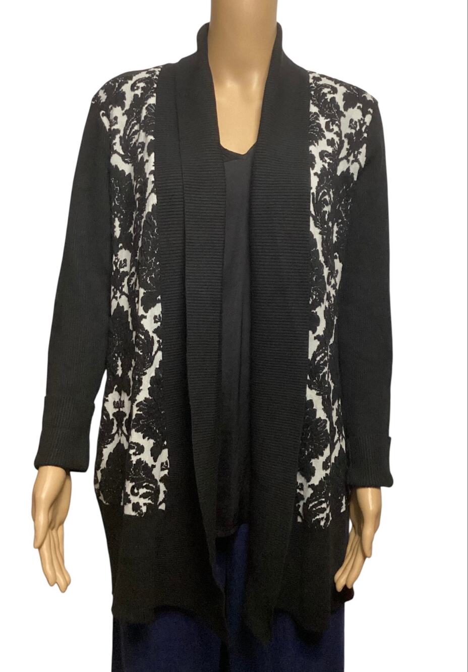 Charter Club Black White Damask Open Front Cardigan Sweater Women’s sz L‎